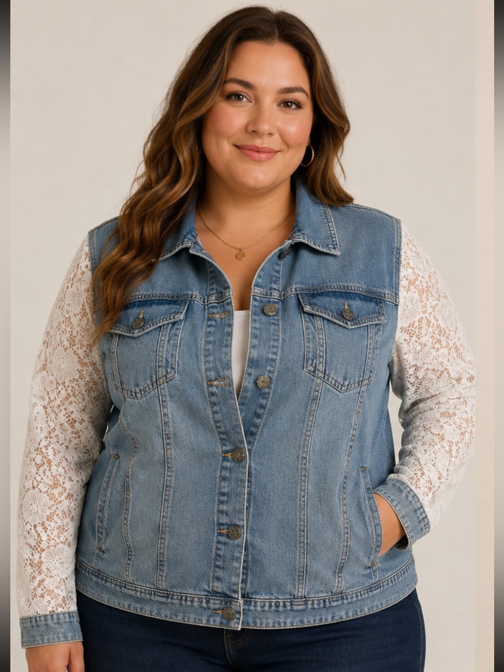 Chico's Platinum Light Blue Denim Jacket with White Lace Sleeves LIKE NEW